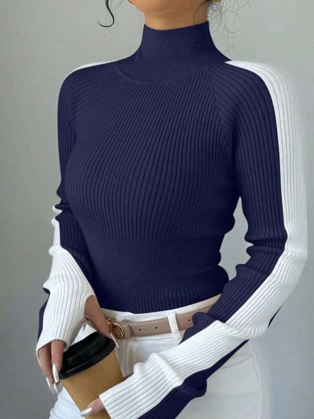 Blue Casual Women's Color Block Stand Collar Knit Sweater